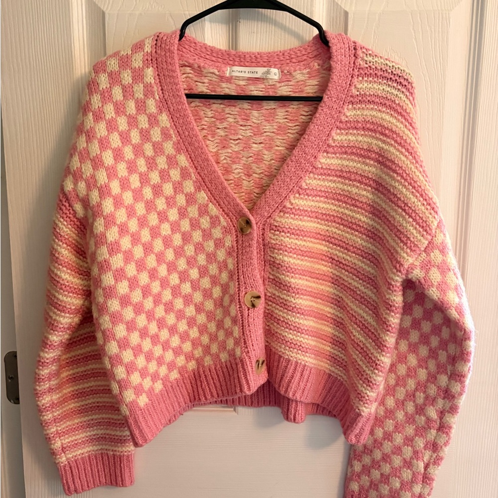 Altar'd State Pink and Cream Knit Cardigan